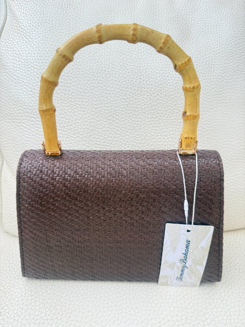 NWT Tommy Bahama Woven Raffia Bamboo Handle Satchel Crossbody bag brown - Picture 3 of 6